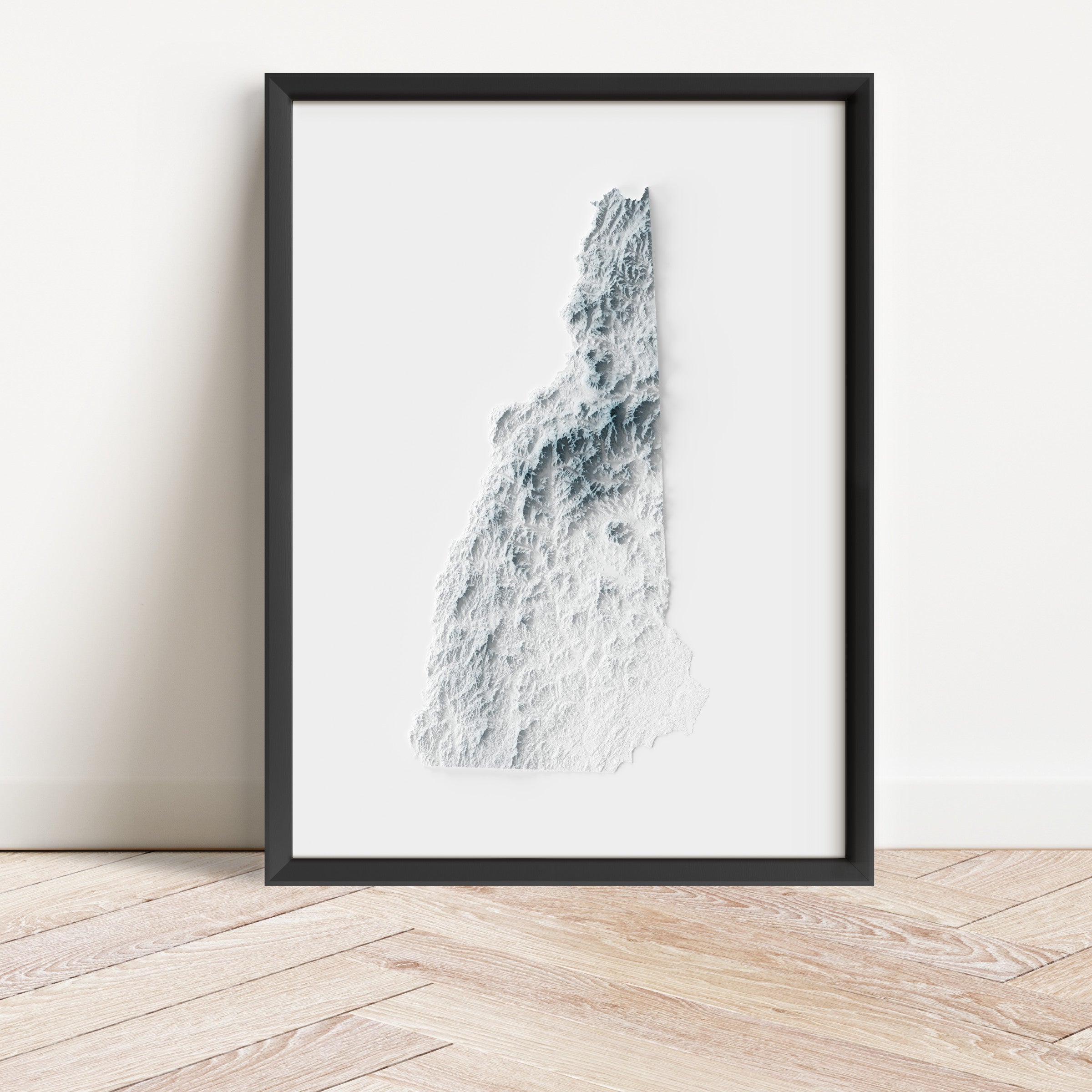 Framed minimalist elevation map of New Hampshire. Minimalist topographic map art featuring detailed topography, available as premium poster for home or office decor.