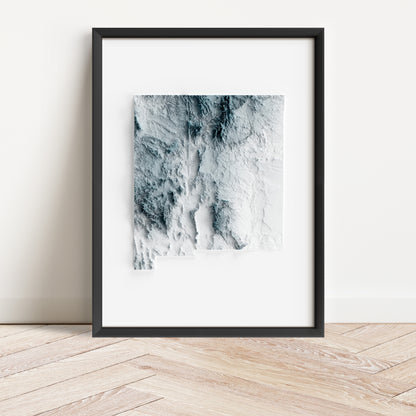 Framed minimalist elevation map of New Mexico. Minimalist topographic map art featuring detailed topography, available as premium poster for home or office decor.