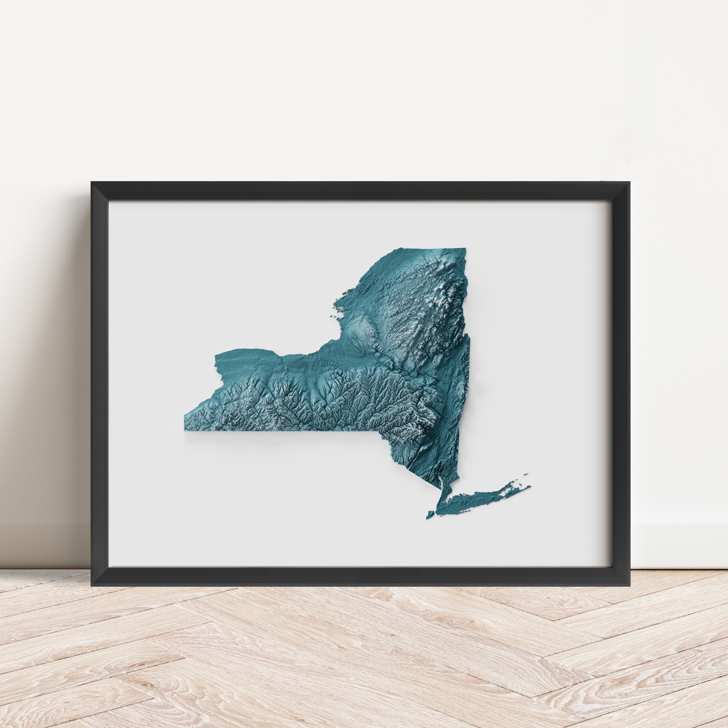 Framed minimalist elevation map of the State of New York. Minimalist topographic map art featuring detailed topography, available as premium poster for home or office decor.
