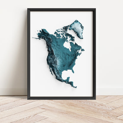 Framed minimalist elevation map of North America. Minimalist topographic map art featuring detailed topography, available as premium poster for home or office decor.