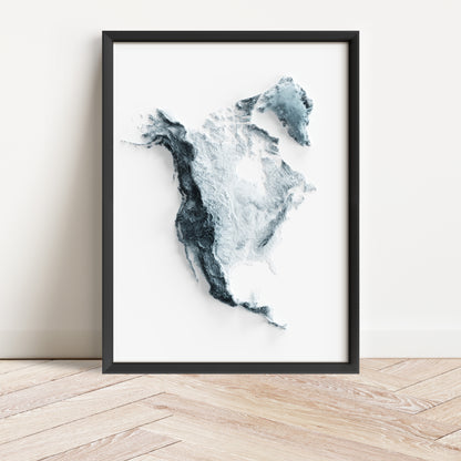 Framed minimalist elevation map of North America. Minimalist topographic map art featuring detailed topography, available as premium poster for home or office decor.