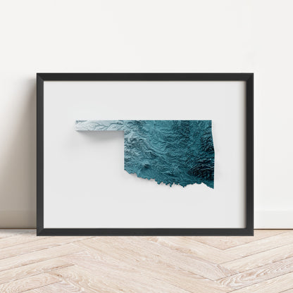 Framed minimalist elevation map of Oklahoma. Minimalist topographic map art featuring detailed topography, available as premium poster for home or office decor.