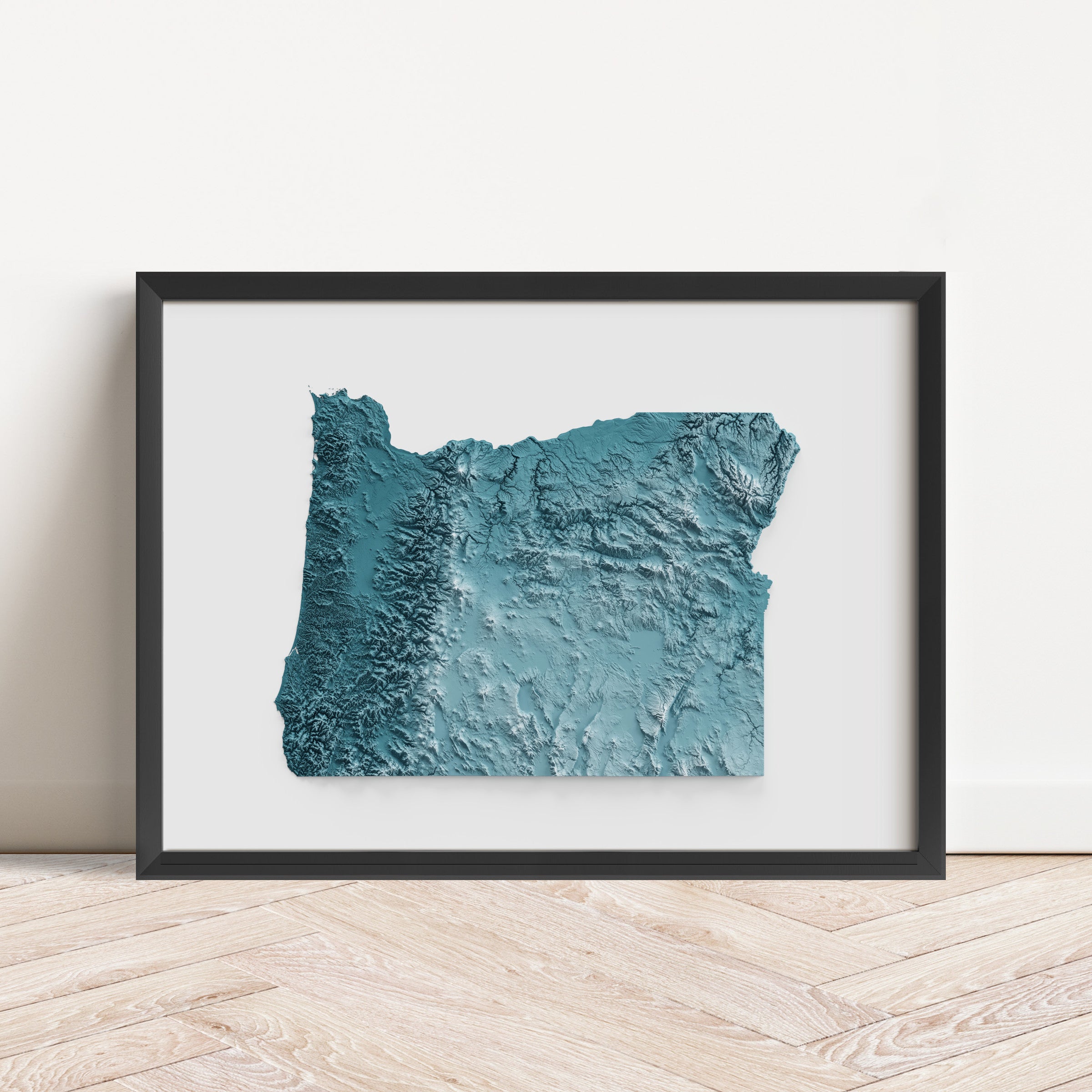 Framed minimalist elevation map of Oregon. Minimalist topographic map art featuring detailed topography, available as premium poster for home or office decor.