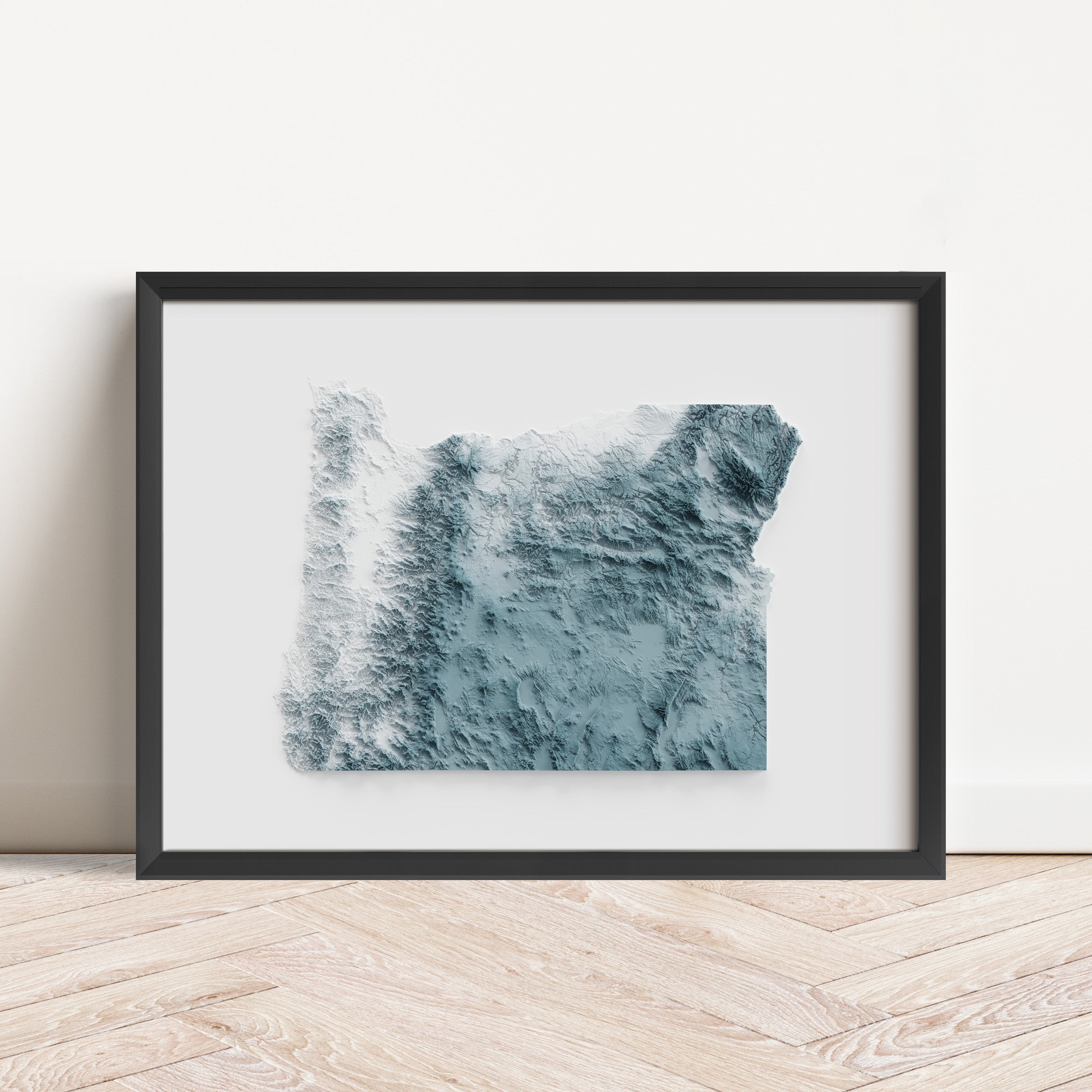 Framed minimalist elevation map of Oregon. Minimalist topographic map art featuring detailed topography, available as premium poster for home or office decor.