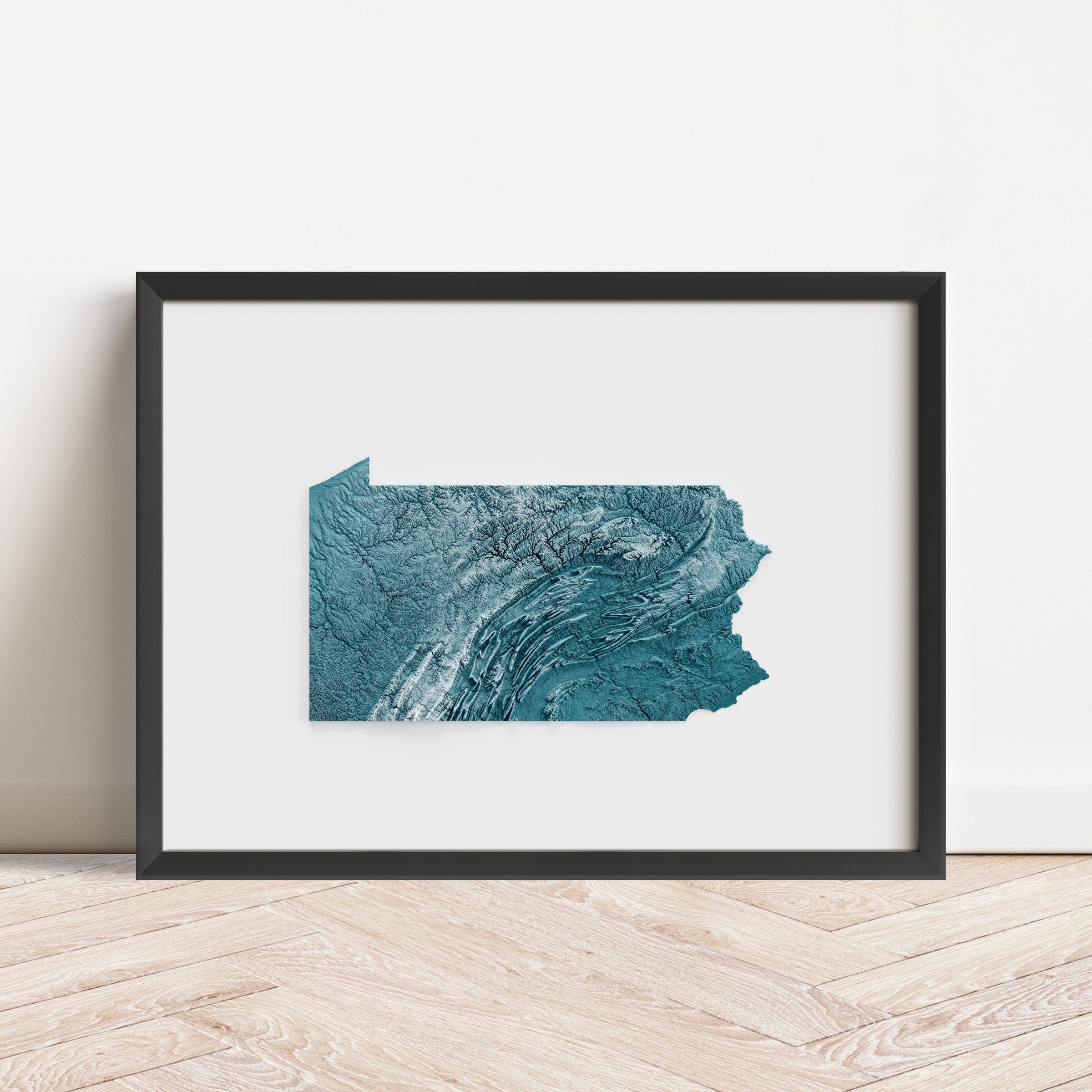 Framed minimalist elevation map of Pennsylvania. Minimalist topographic map art featuring detailed topography, available as premium poster for home or office decor.