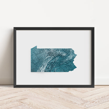 Framed minimalist elevation map of Pennsylvania. Minimalist topographic map art featuring detailed topography, available as premium poster for home or office decor.