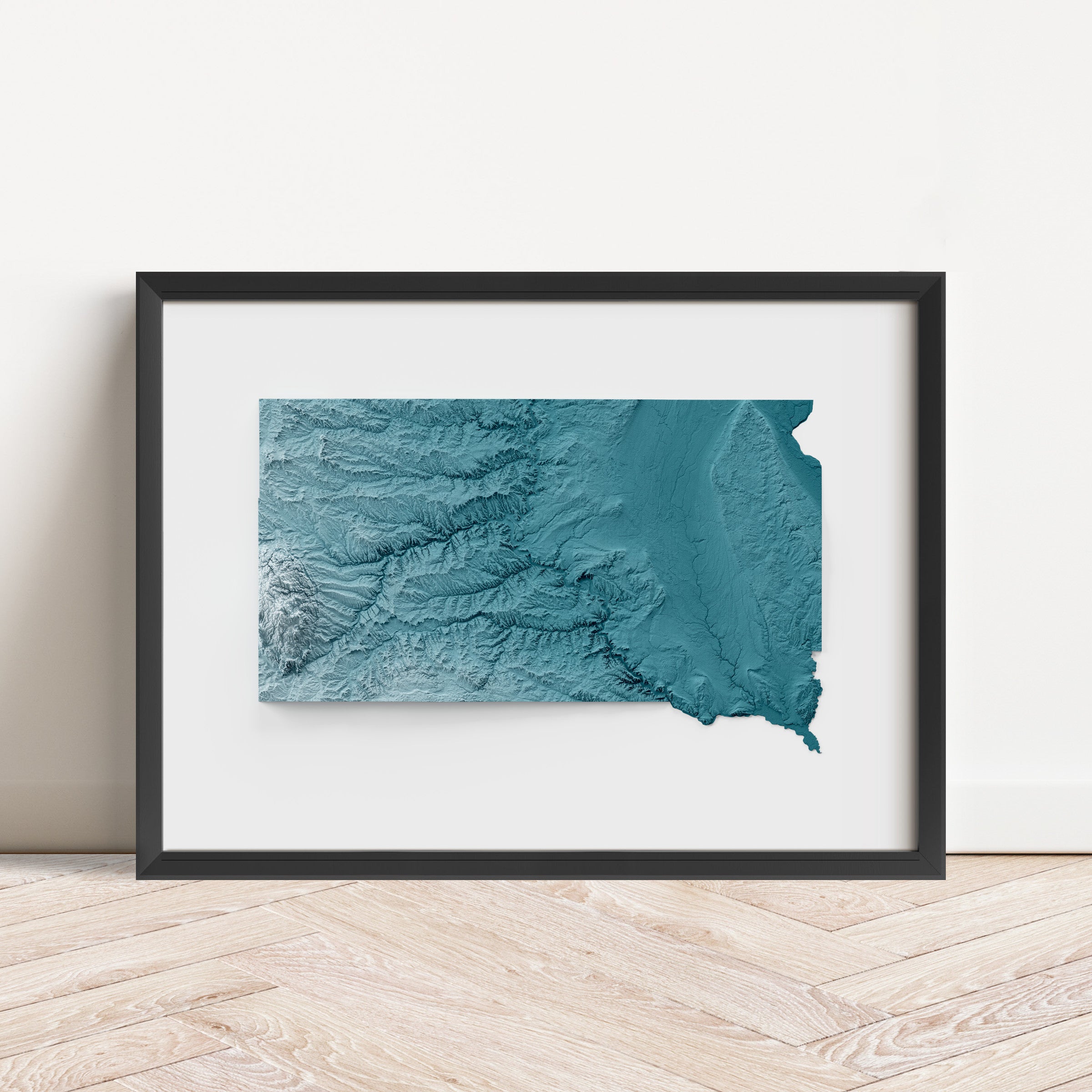 Framed minimalist elevation map of South Dakota. Minimalist topographic map art featuring detailed topography, available as premium poster for home or office decor.