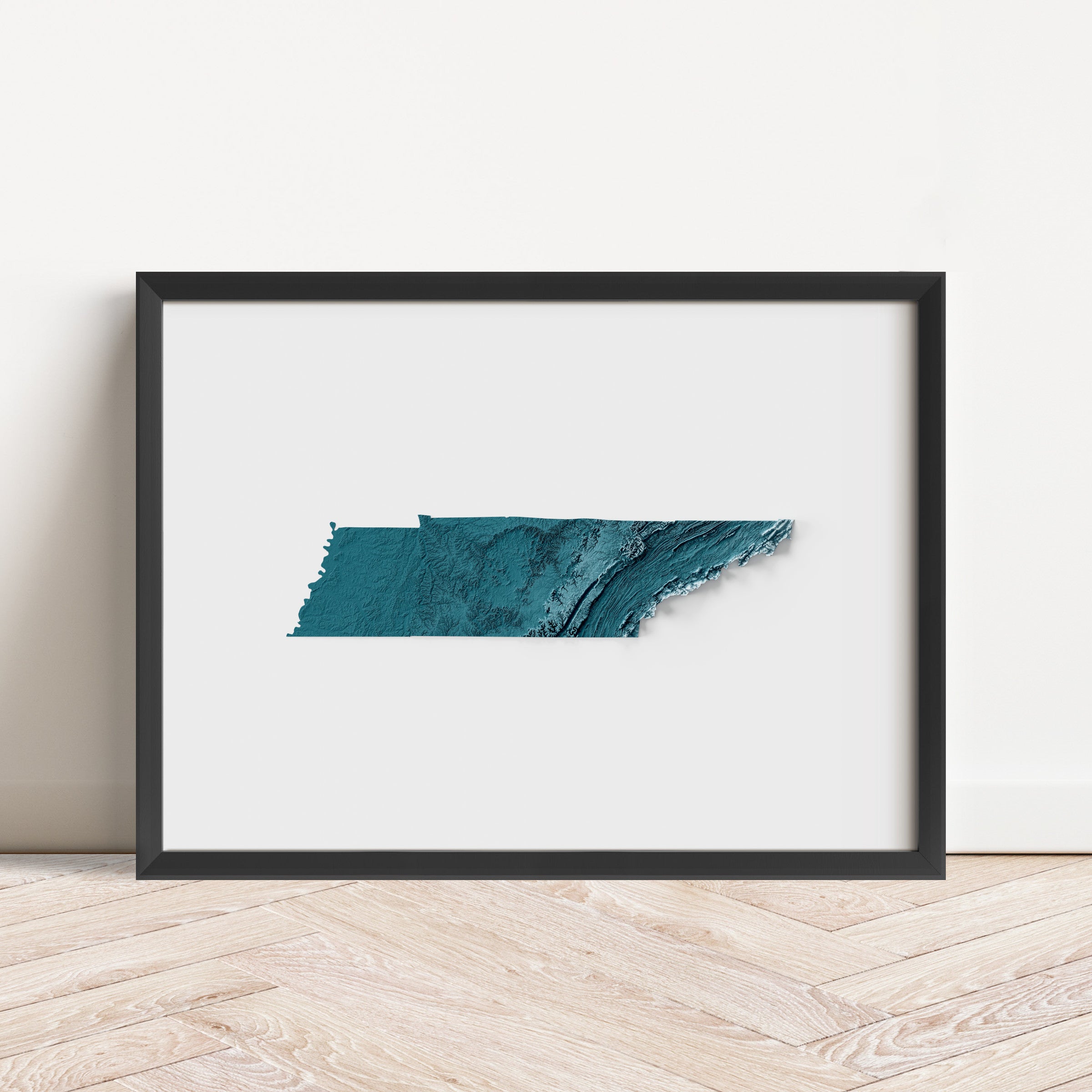 Framed minimalist elevation map of Tennessee. Minimalist topographic map art featuring detailed topography, available as premium poster for home or office decor.
