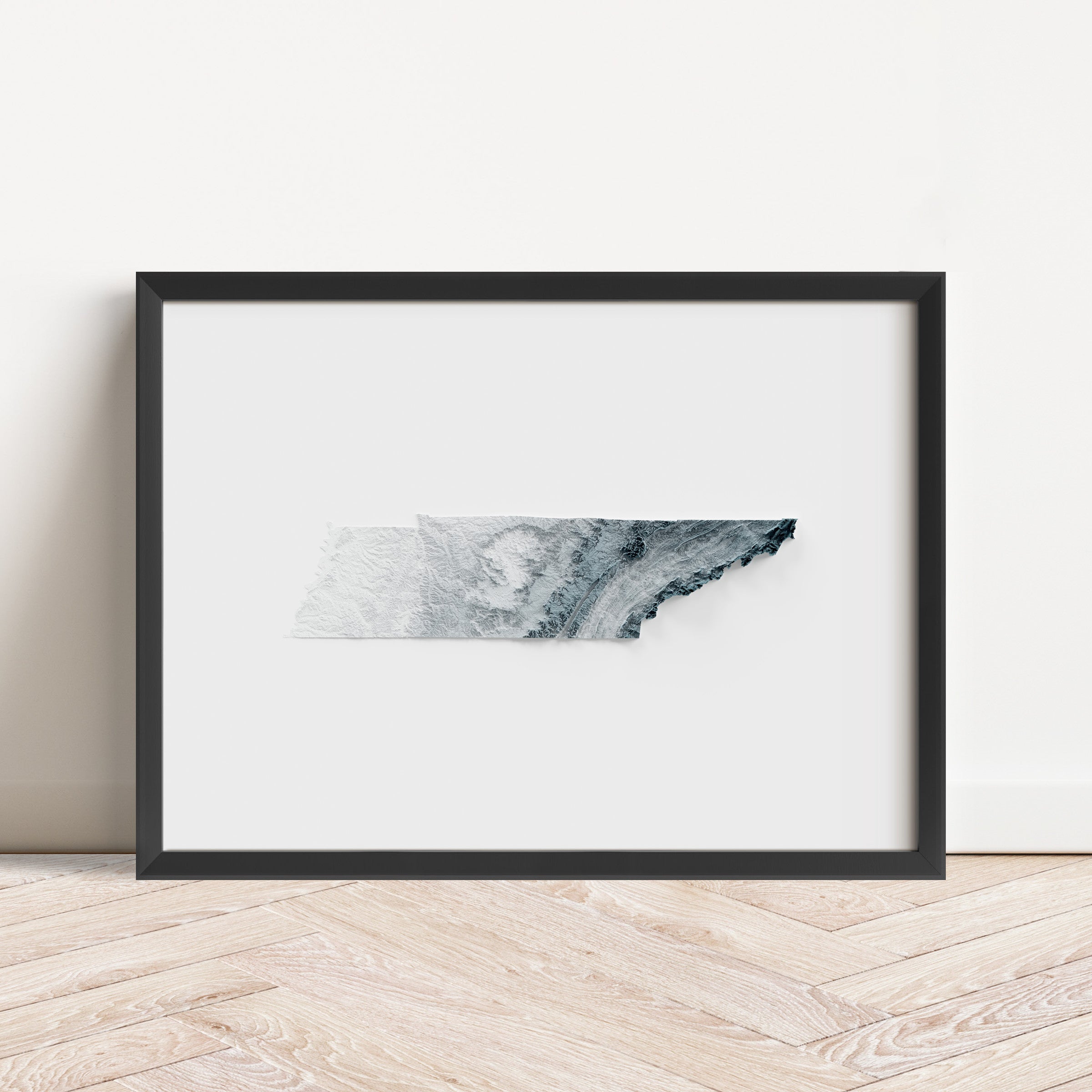 Framed minimalist elevation map of Tennessee. Minimalist topographic map art featuring detailed topography, available as premium poster for home or office decor.