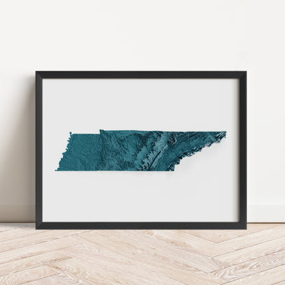 Framed minimalist elevation map of Tennessee. Minimalist topographic map art featuring detailed topography, available as premium poster for home or office decor.