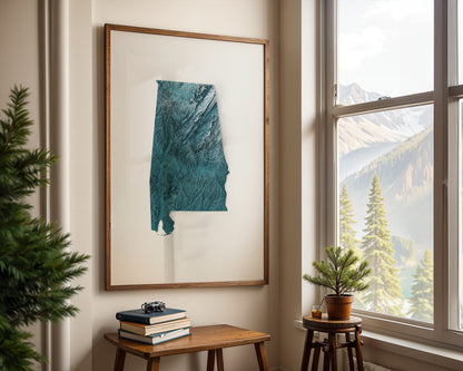An Elevation Map Poster of Alabama hanging on a wall