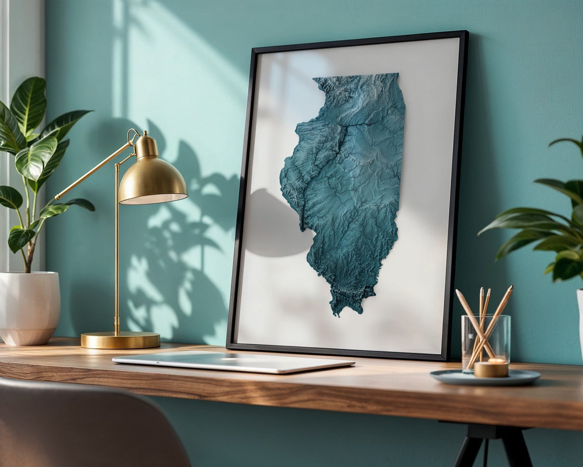Illinois Map Print – Minimalist Elevation Design (Blue Style)