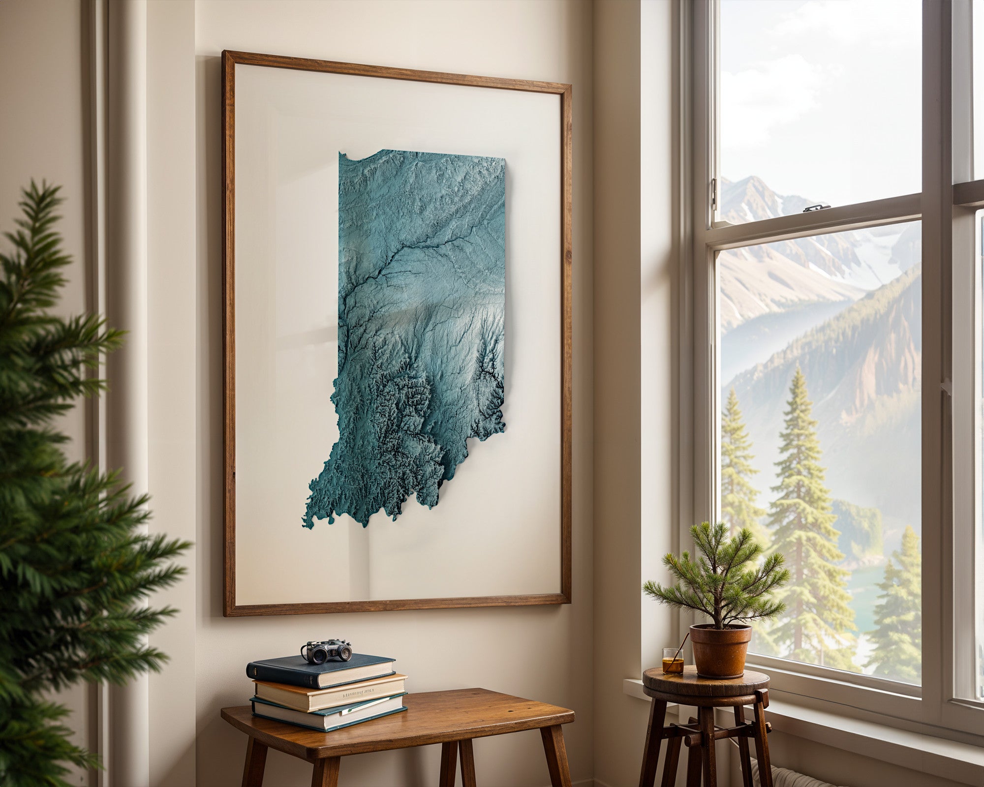 Indiana Map Print – Minimalist Elevation Design (Blue Style)