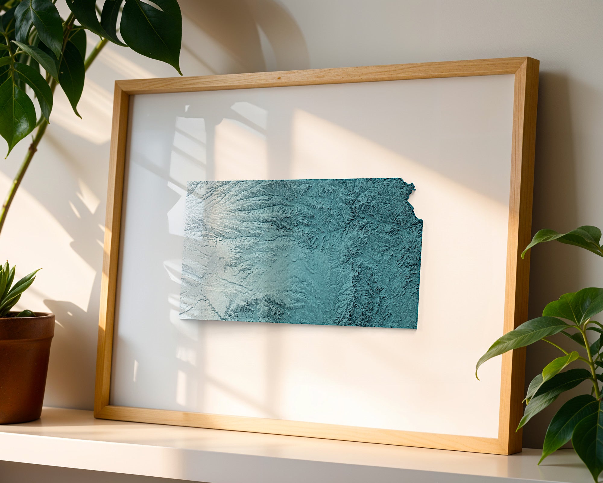 Kansas Map Print – Minimalist Elevation Design (Blue Style)