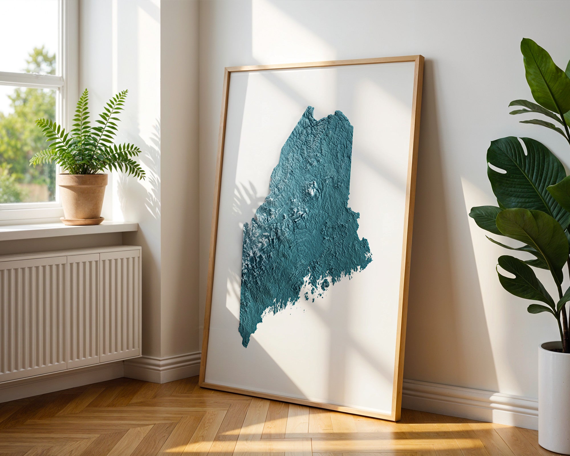 Maine Map Print – Minimalist Elevation Design (Blue Style)