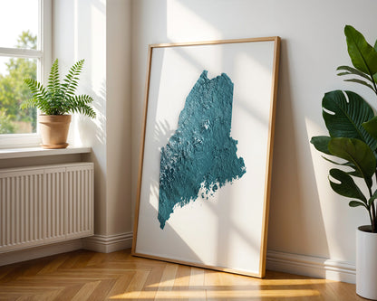 Maine Map Print – Minimalist Elevation Design (Blue Style)