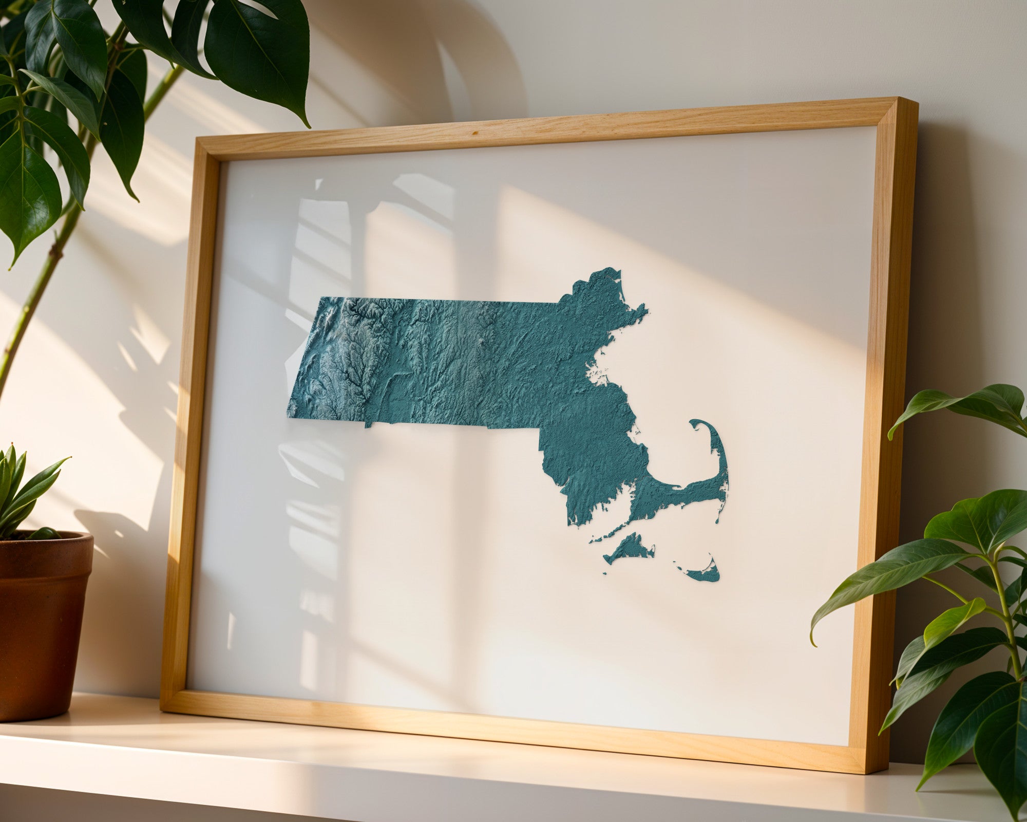 Massachusetts Map Print – Minimalist Elevation Design (Blue Style)