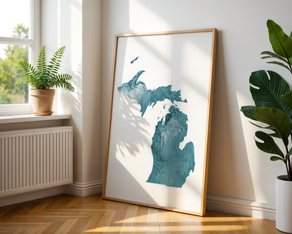 Michigan Map Print – Minimalist Elevation Design (Blue Style)