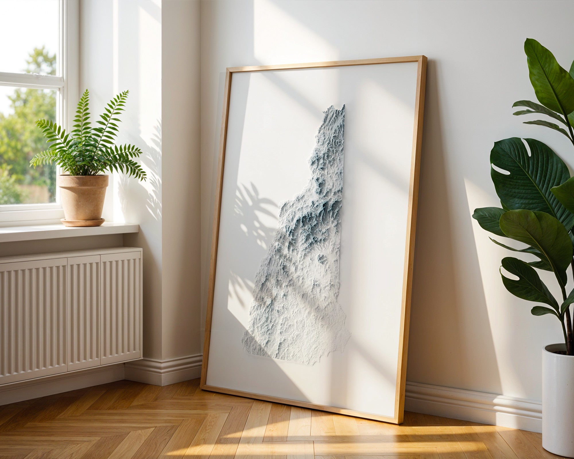 New Hampshire Map Print – Minimalist Elevation Design (White Style)