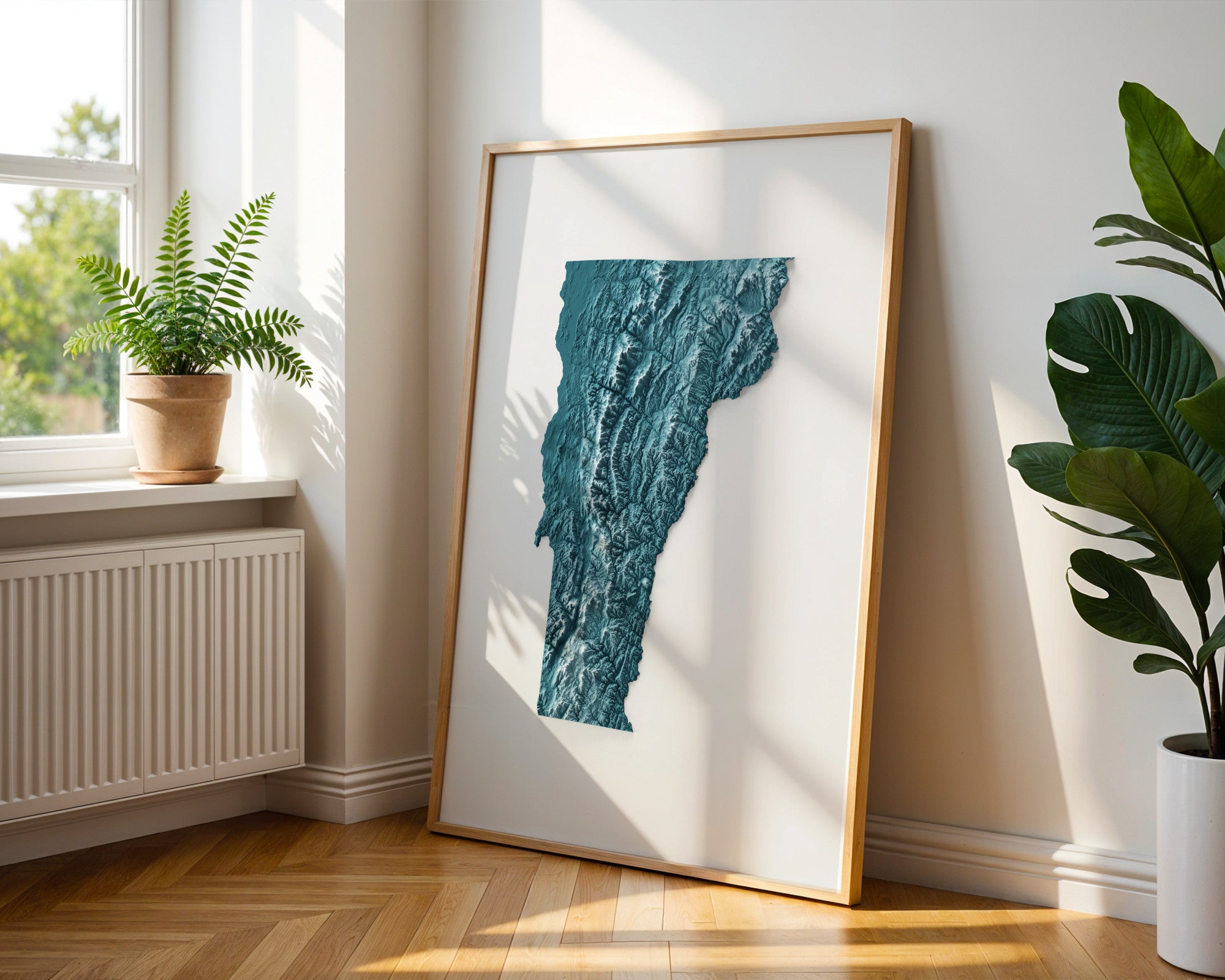 Vermont Map Print – Minimalist Elevation Design (Blue Style)