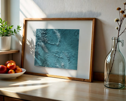 Wyoming Map Print – Minimalist Elevation Design (Blue Style)