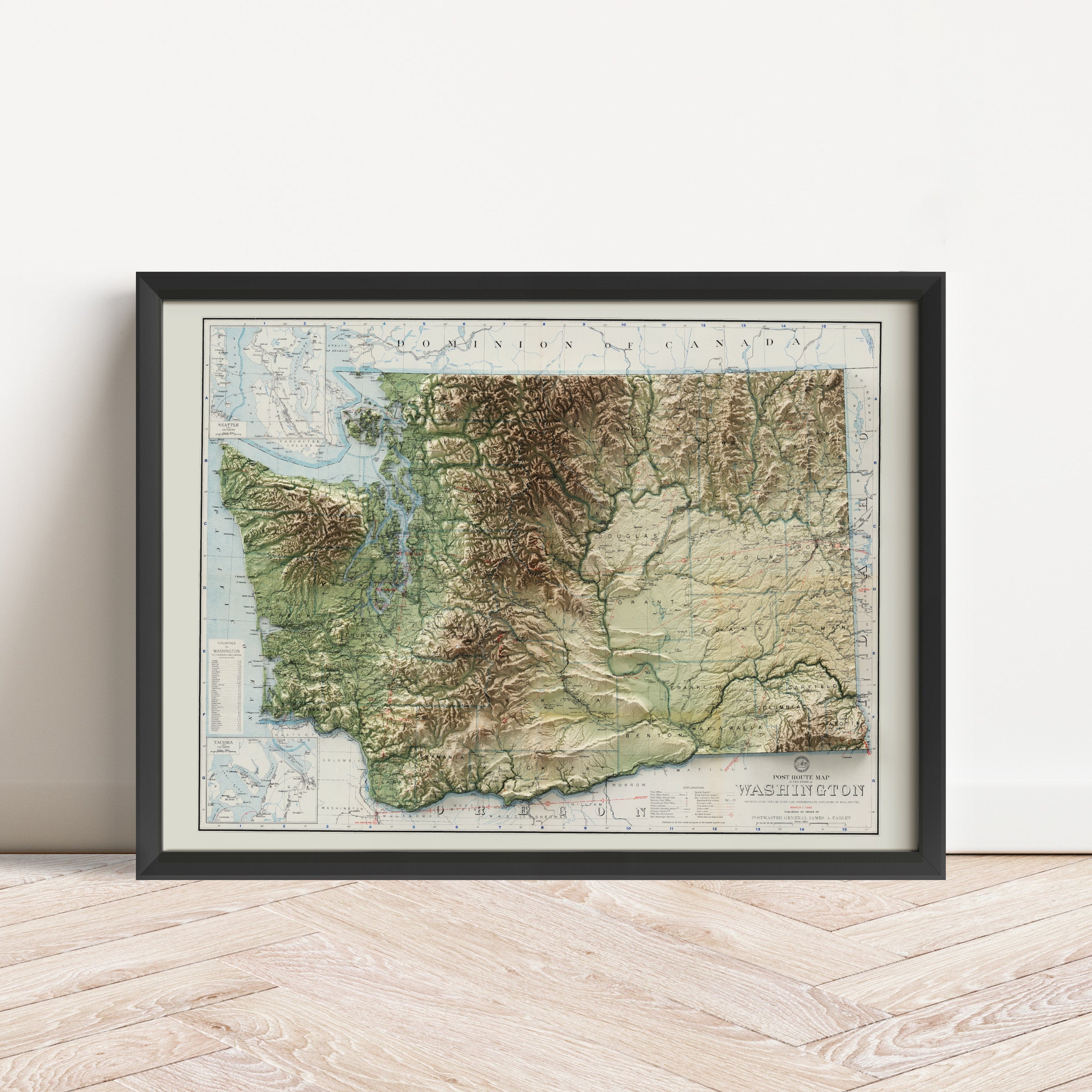 Framed restored elevation map of a vintage map of the state of Washington from 1940. topographic map art featuring detailed topography, available as premium poster for home or office decor.