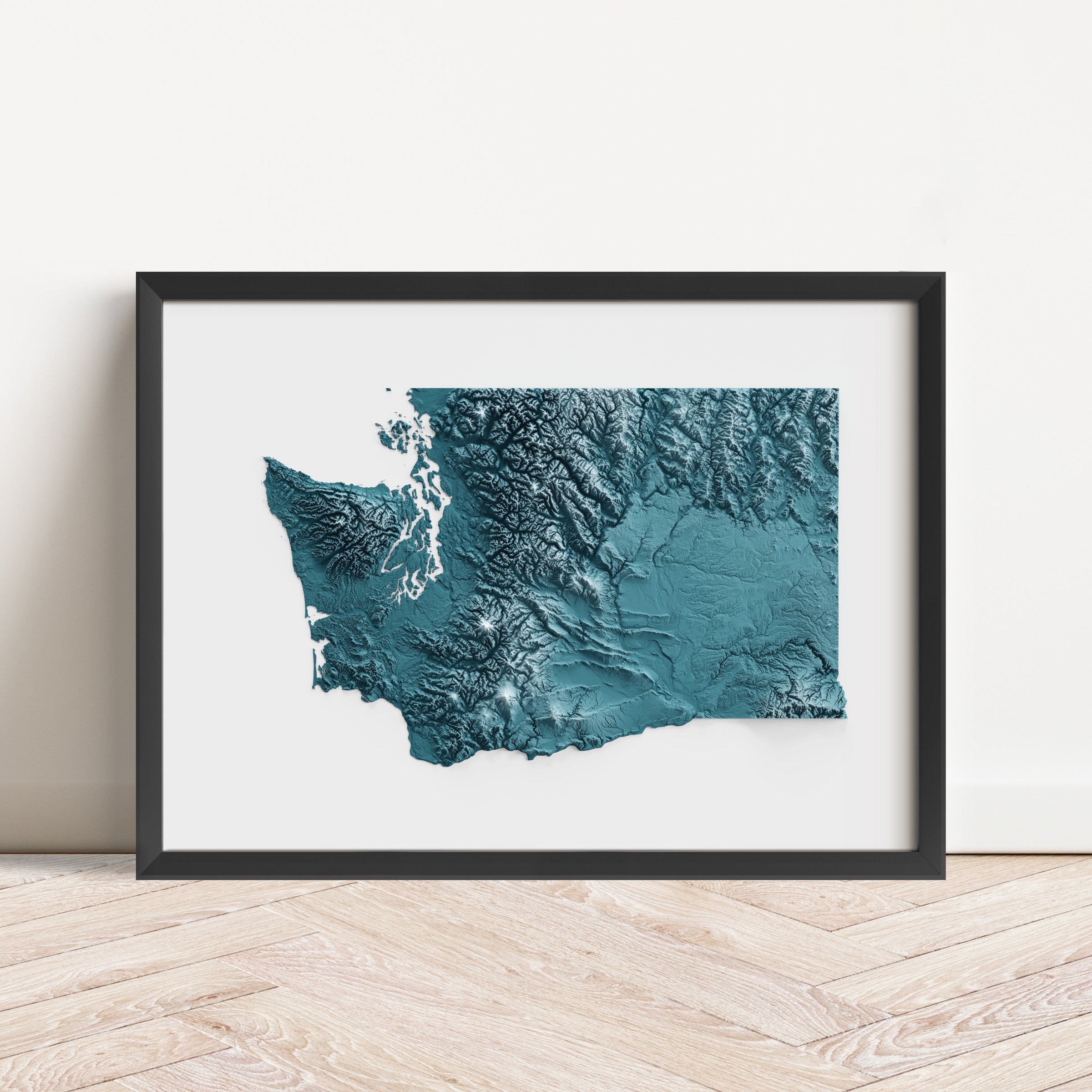 Framed minimalist elevation map of Washington. Minimalist topographic map art featuring detailed topography, available as premium poster for home or office decor.