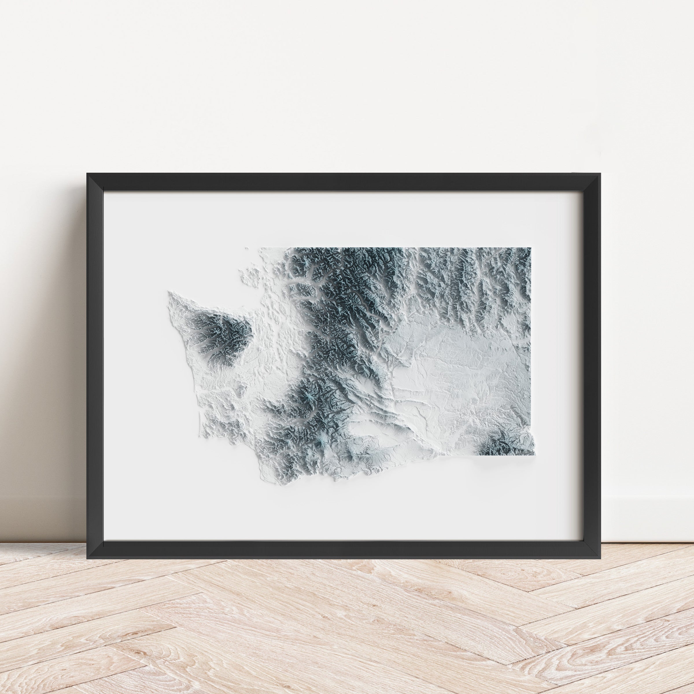 Framed minimalist elevation map of Washington. Minimalist topographic map art featuring detailed topography, available as premium poster for home or office decor.