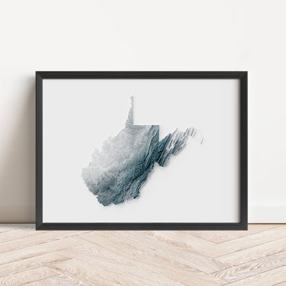Framed minimalist elevation map of West Virginia. Minimalist topographic map art featuring detailed topography, available as premium poster for home or office decor.