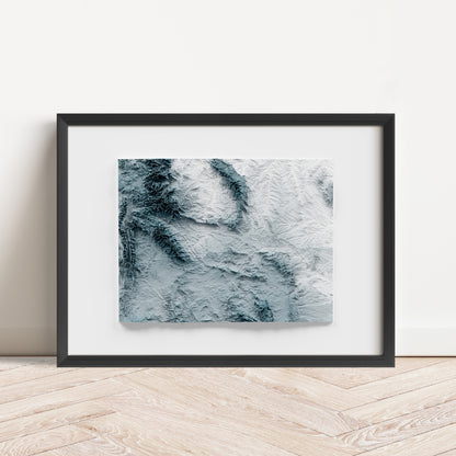 Framed minimalist elevation map of Wyoming. Minimalist topographic map art featuring detailed topography, available as premium poster for home or office decor.